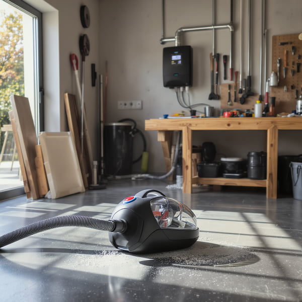 работающий пылесос и на заднем плане гибридный солнечный инвертор